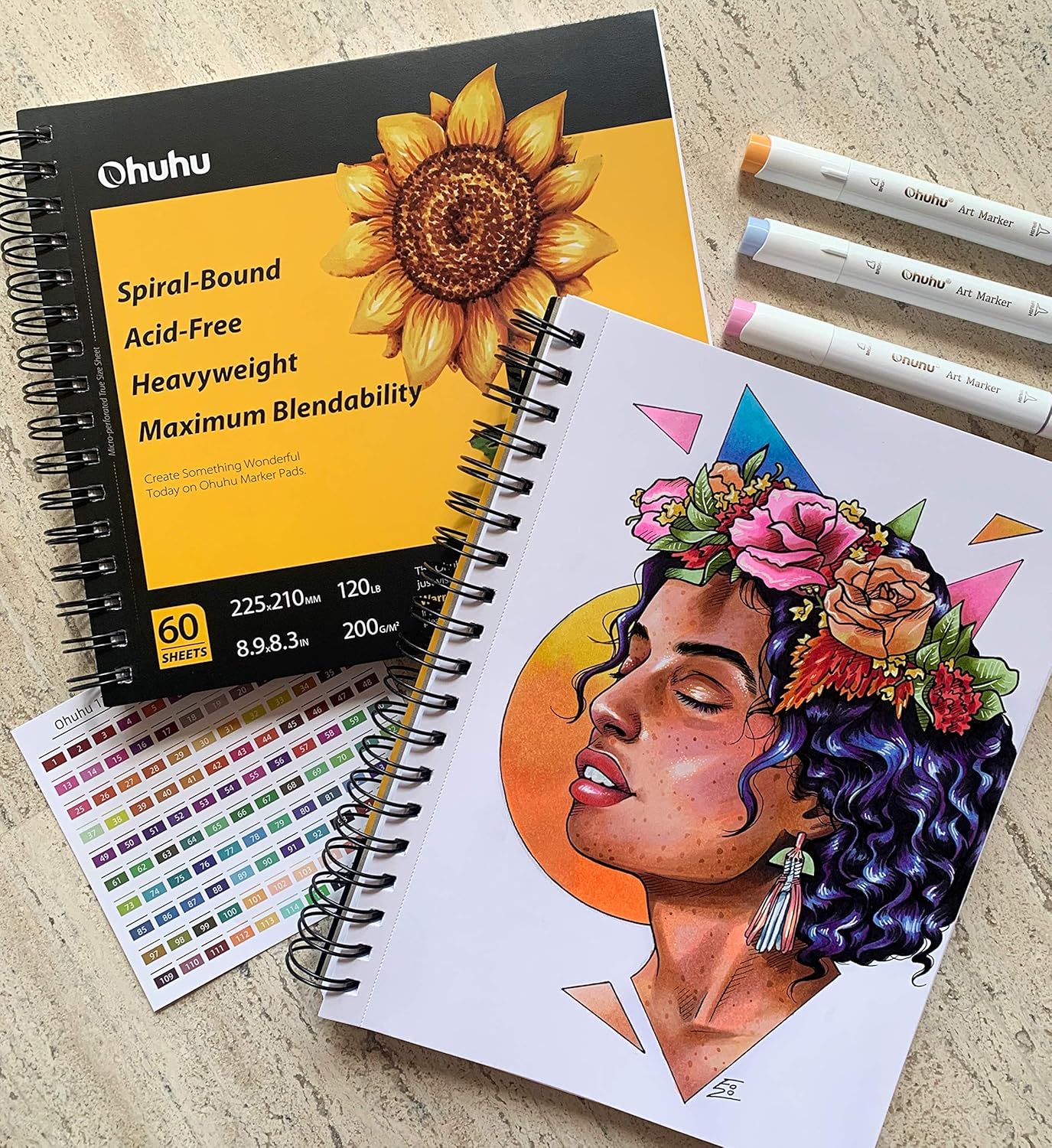 Ohuhu Bloc de dibujo artístico, 7.6 x 10 pulgadas, tamaño de papel grande, 120 libras/200 GSM, papeles de dibujo suaves y pesados, 60 hojas/120 páginas, cuaderno de bocetos encuadernado en espiral Ohuhu