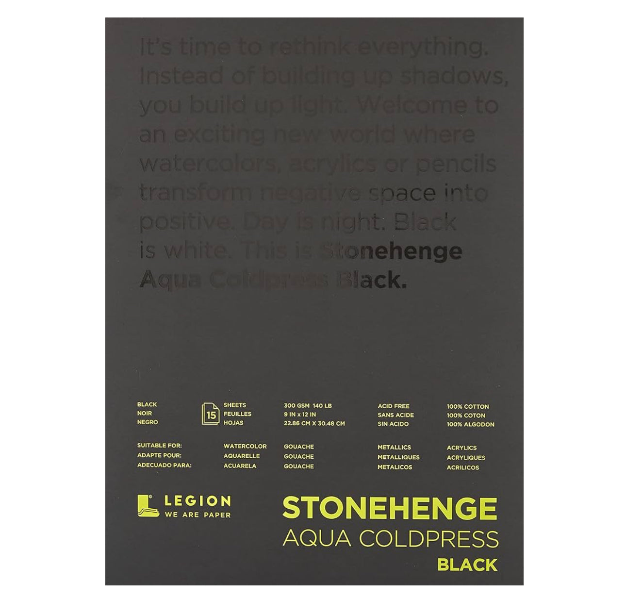 Legion Stonehenge Aqua - Bloc de papel negro para acuarela, 9 x 12 pulgadas, prensa en frío, 15 hojas