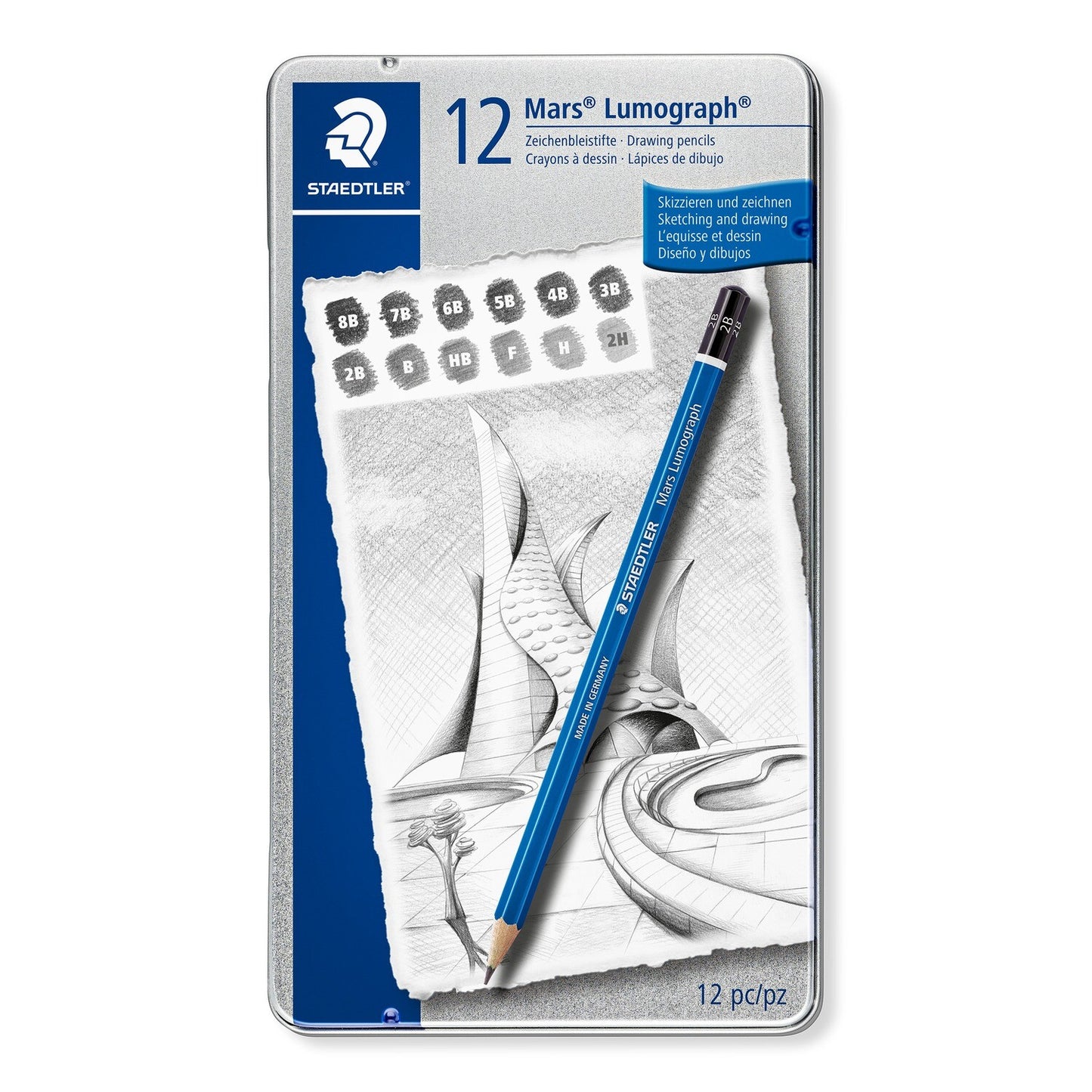 Staedtler - Mars® Lumograph® 100 Estuche de metal con 12 lápices de dibujo, graduaciones: 8B - 2H