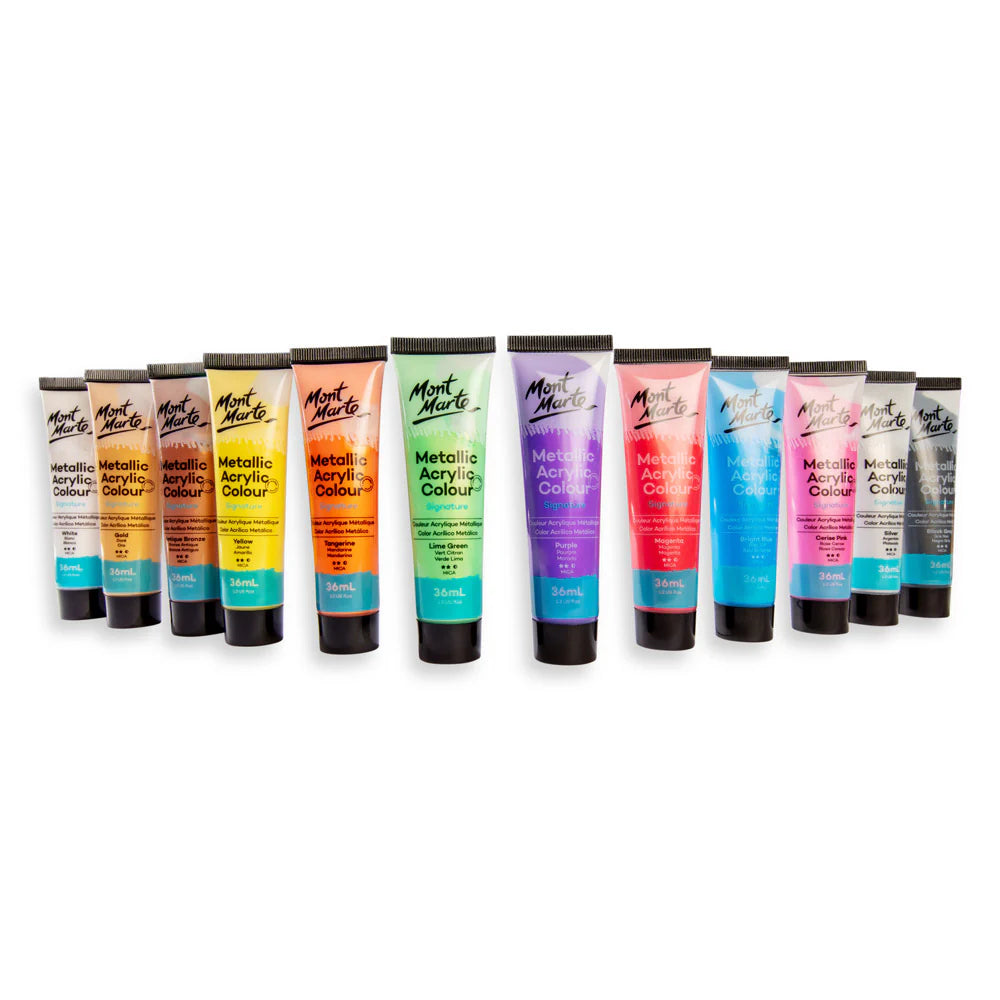 Mont Marte - Set de pintura acrílica metálica Signature, 12 unidades x 36 ml (1,2 onzas líquidas)