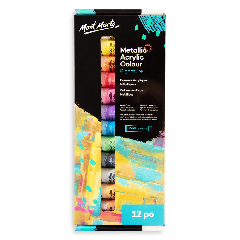 Mont Marte - Set de pintura acrílica metálica Signature, 12 unidades x 36 ml (1,2 onzas líquidas)