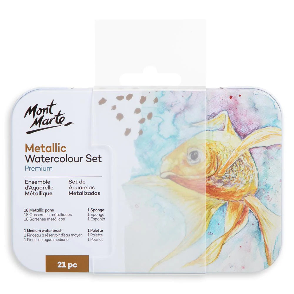 Mont Marte - Set de acuarela metálica en lata premium de 21 piezas