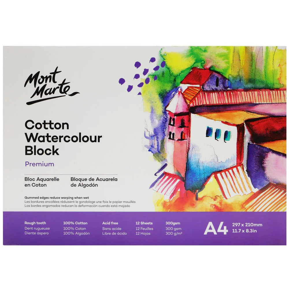 Mont Marte - Bloque de papel de acuarela de algodón premium de 300 g/m², tamaño A4 (11,7 x 8,3 pulgadas), 12 hojas