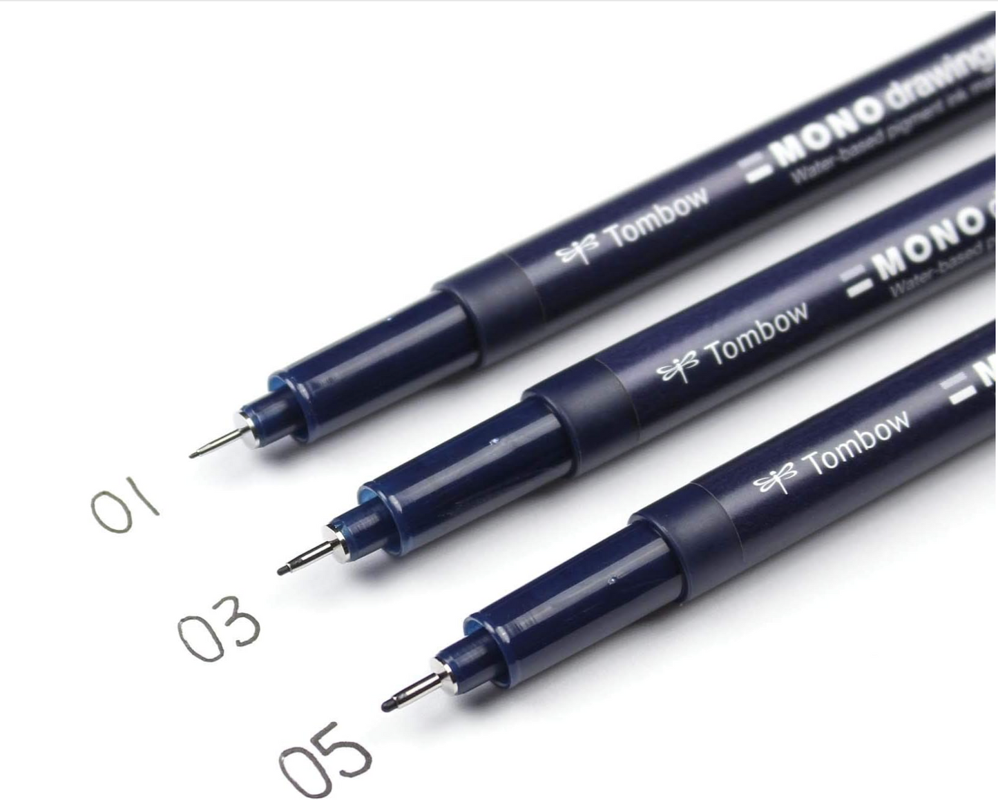 Tombow Bolígrafo de dibujo MONO, paquete de 3. Crea dibujos precisos y detallados con tres tamaños de punta: 01, 03 y 05