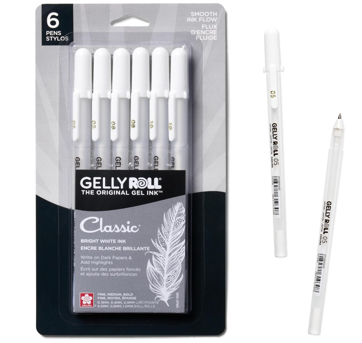 SAKURA Gelly Roll - Bolígrafos de tinta de gel de punta fina, media y gruesa para diario, arte o dibujo, tinta blanca clásica, 05/08/10 tamaños de punta surtidos, paquete de 6