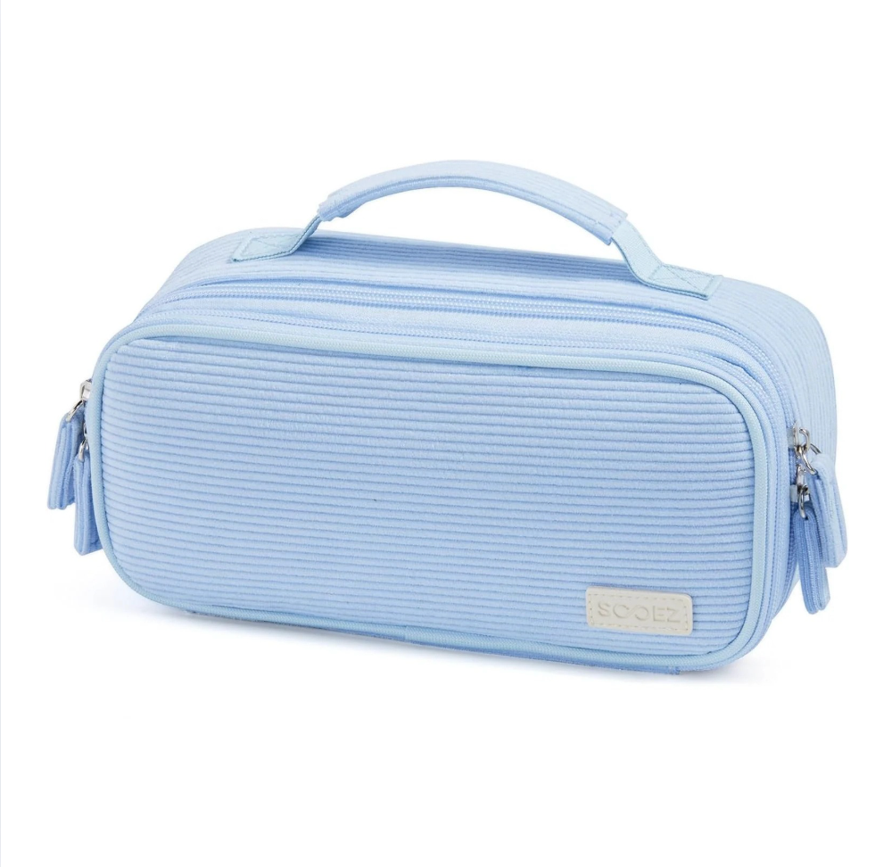 Estuche grande para lápices, bolsa de pana suave con asa, lindo estuche para bolígrafos, 5 compartimentos, organizador de amplia apertura para bolígrafos con cremallera, suministros escolares