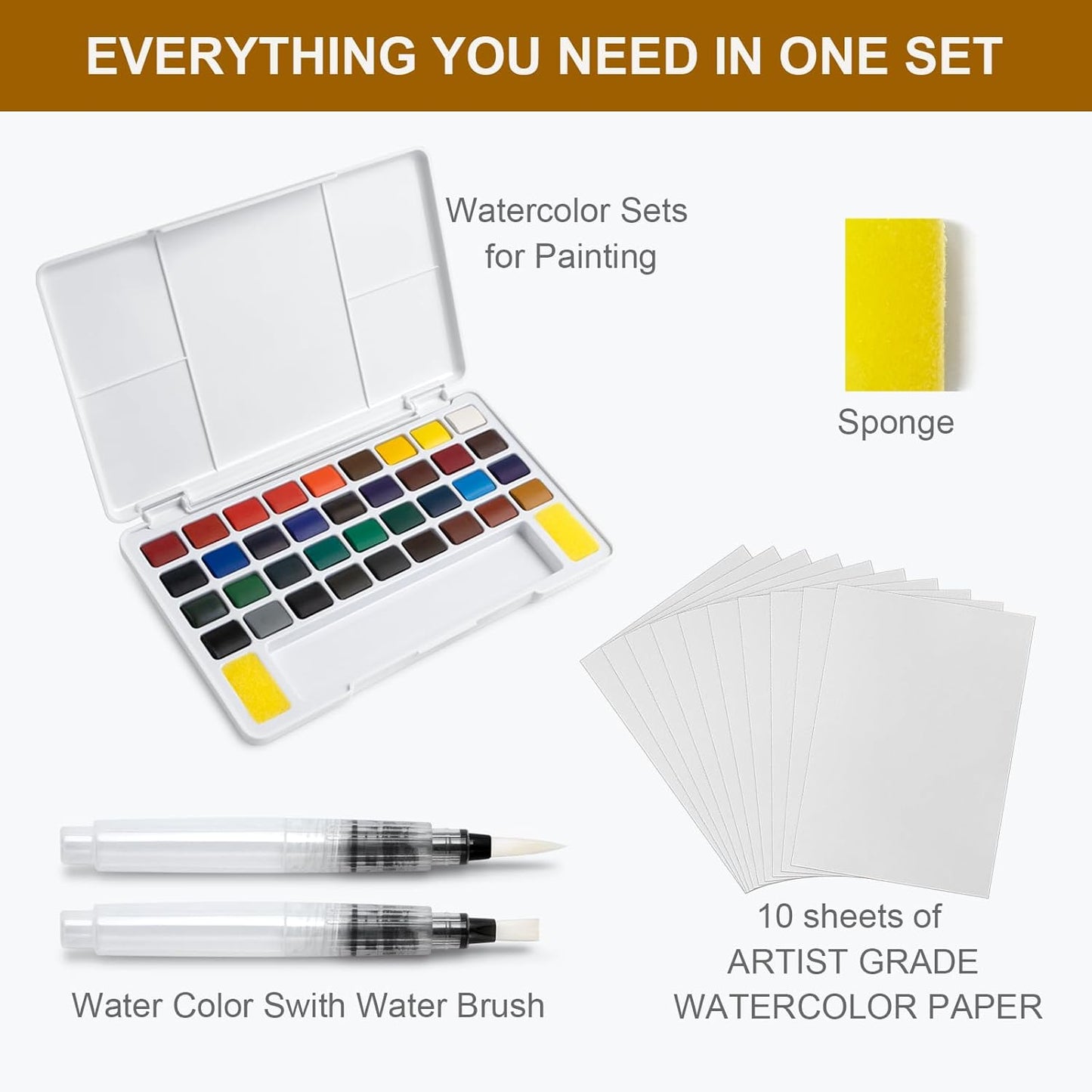 Juego de pintura de acuarela de 36 colores vivos con pincel de agua y 10 papel de acuarela de grado artist, juego de viaje perfecto para artistas, aficionados