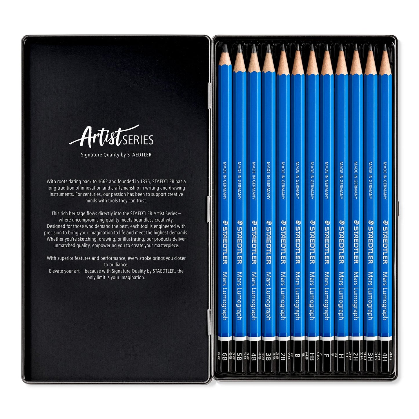 Staedtler - Mars® Lumograph® 100 Estuche de metal con 12 lápices de dibujo, graduaciones: 6B - 4H