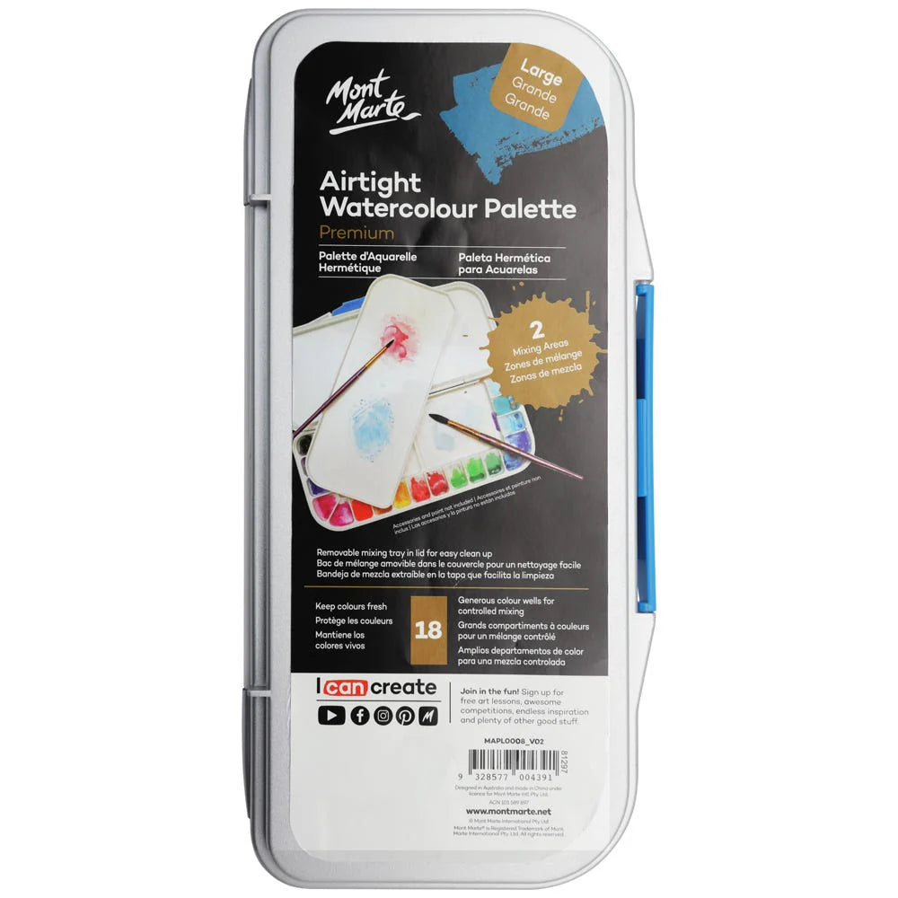 Mont Marte - Paleta de acuarela hermética premium de 18 ranuras grande