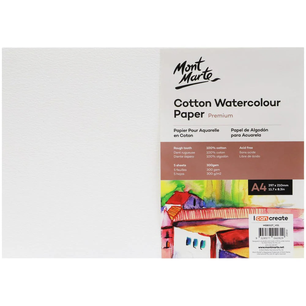 Mont Marte - Papel de acuarela de algodón premium de 300 g/m², tamaño A4 (11,7 x 8,3 pulgadas), 5 hojas