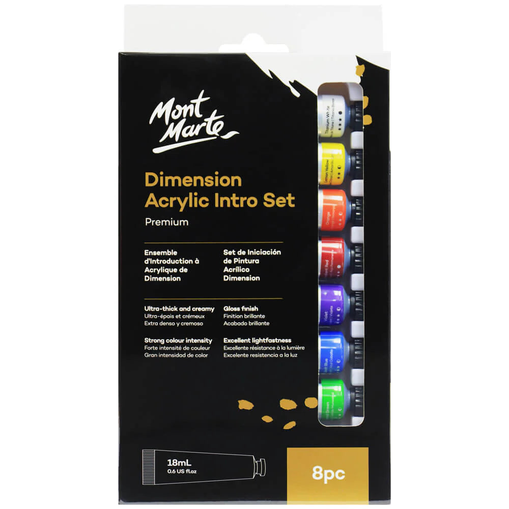 Mont Marte - Set de introducción de pintura acrílica Dimension Premium, 8 piezas x 18 ml (0,6 onzas líquidas)