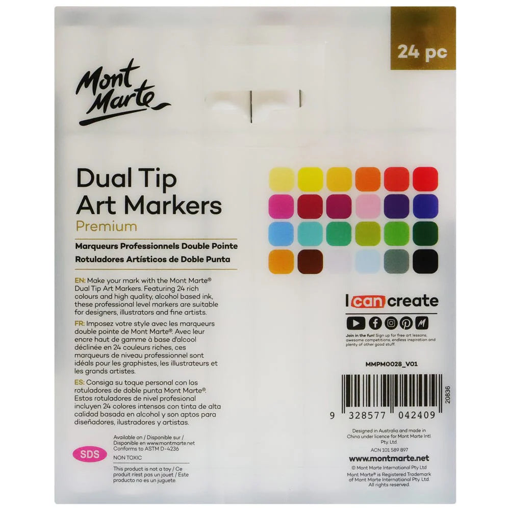 Mont Marte - Marcadores artísticos de doble punta premium, 24 unidades - Tinta a base de alcohol