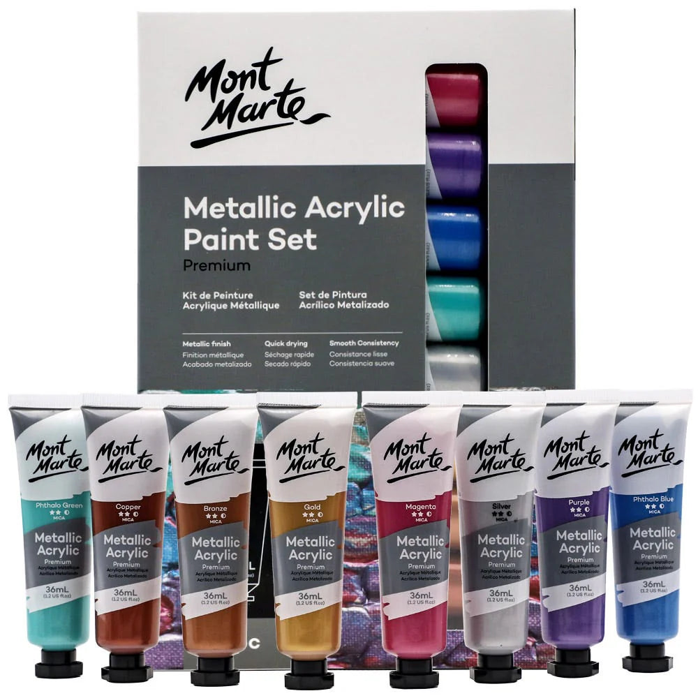 Mont Marte - Juego de pintura acrílica metálica premium, 8 piezas x 36 ml (1,2 onzas líquidas)