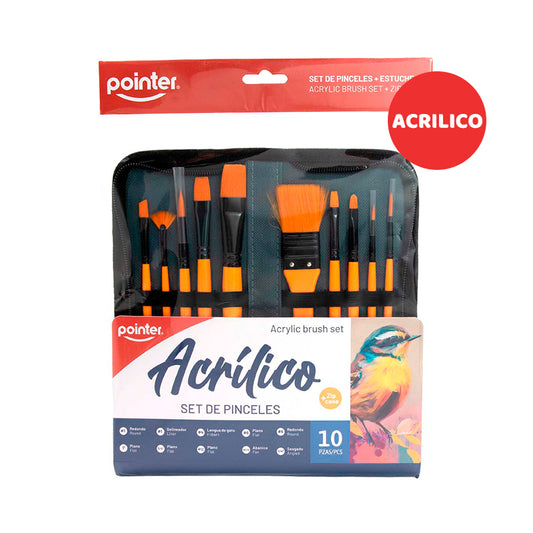 Pointer - Set de pinceles naranja para acrílico X10 + Estuche AB-