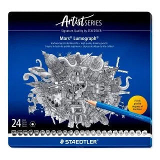 STAEDTLER Mars Lumograph - Lápices de dibujo artístico, lápices de grafito en caja de metal, plomo unido resistente a la rotura, grados 12B-10H, juego de 24