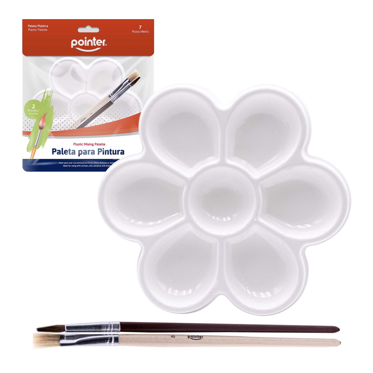 POINTER - Paleta Plástica para Pintura – 7 Pozos con 2 Pinceles
