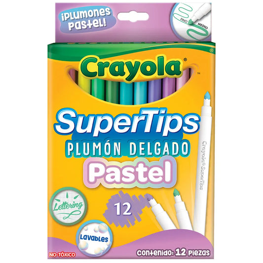 CRAYOLA Super Tips - Marcadores lavables de punta media, paquete de 12 unidades, para la escuela y el ocio, varios colores pastel