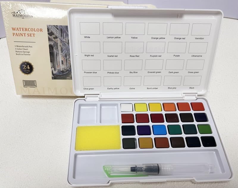 Juego de pintura de acuarela, pequeño juego de pintura de acuarela de viaje para principiantes, adultos, estudiantes aficionados, 24 colores de agua vibrantes