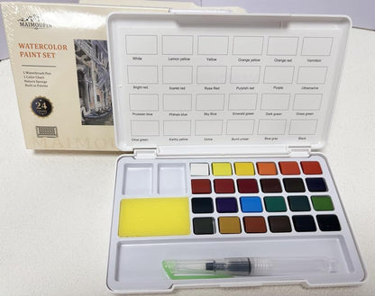 Juego de pintura de acuarela, pequeño juego de pintura de acuarela de viaje para principiantes, adultos, estudiantes aficionados, 24 colores de agua vibrantes