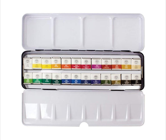 Mungyo Juego de acuarelas profesionales de tamaño medio sartén en estuche de lata/paleta de mezcla integral en la tapa (24 colores)