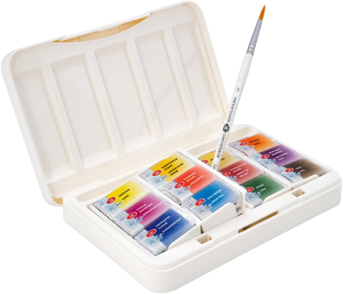 White Nights Nevskaya Palitra - Juego BOTANICA de 12 bandejas completas de acuarela profesional con pigmentos extrafinos de grado artístico, colores vibrantes y resistentes a la luz, caja de plástico portátil
