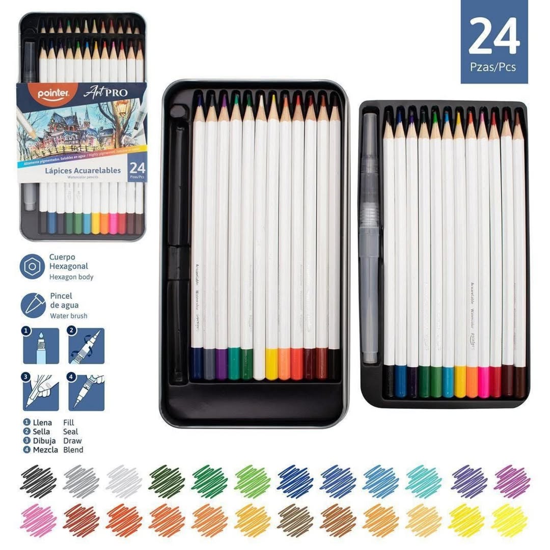 Pointer - Lápices 24 colores  Acuarelables En Caja Metálica Pointer