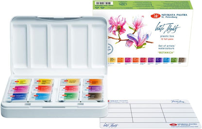 White Nights Nevskaya Palitra - Juego BOTANICA de 12 bandejas completas de acuarela profesional con pigmentos extrafinos de grado artístico, colores vibrantes y resistentes a la luz, caja de plástico portátil