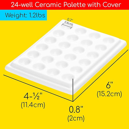 Paleta de pintura de acuarela de cerámica de 24 pocillos con cubierta, paleta de mezcla de porcelana para artista, 6 x 4-1/2 pulgadas para artista, acuarela, gouache, pintura para colorear