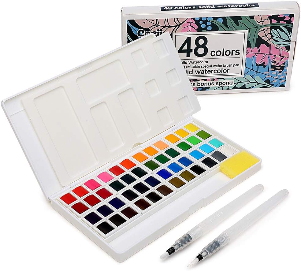 Juego de 48 pinturas de acuarela, suministros de arte, kit de pintura de acuarela portátil, 2 bolígrafos especiales recargables, esponja y paleta de acuarela KEEPLIVINGFASTER