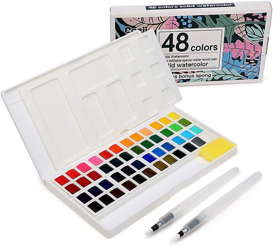 Juego de 48 pinturas de acuarela, suministros de arte, kit de pintura de acuarela portátil, 2 bolígrafos especiales recargables, esponja y paleta de acuarela KEEPLIVINGFASTER