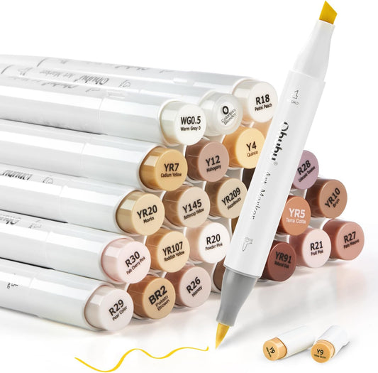 Ohuhu Rotuladores de alcohol en tono de piel, marcadores de color de piel de doble punta para ilustración de colorear de artistas adultos – 24 colores de piel de retrato con 1 blender a base de alcohol, cincel y cepillo – Honolulu