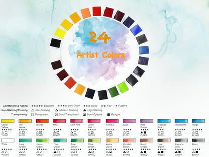 Juego de pintura de acuarela con 24 acuarelas de colores vivos, pincel para artistas, libro de bocetos, kits de acuarela de viaje portátiles para artistas