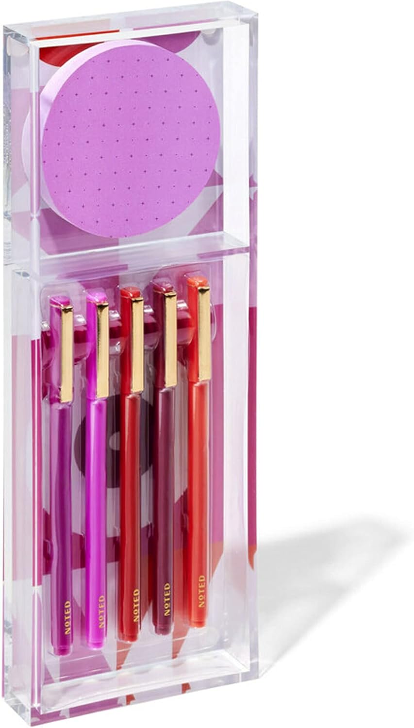 Noted by Post-it - Caja de regalo de notas impresas, colores cálidos, incluye bandeja acrílica, 100 notas adhesivas redondas, paquete de 5 bolígrafos
