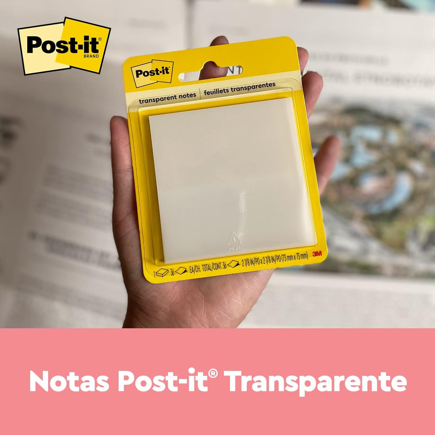 Post-it Notas transparentes, 2.88 x 2.88 pulgadas, 36 hojas/bloc