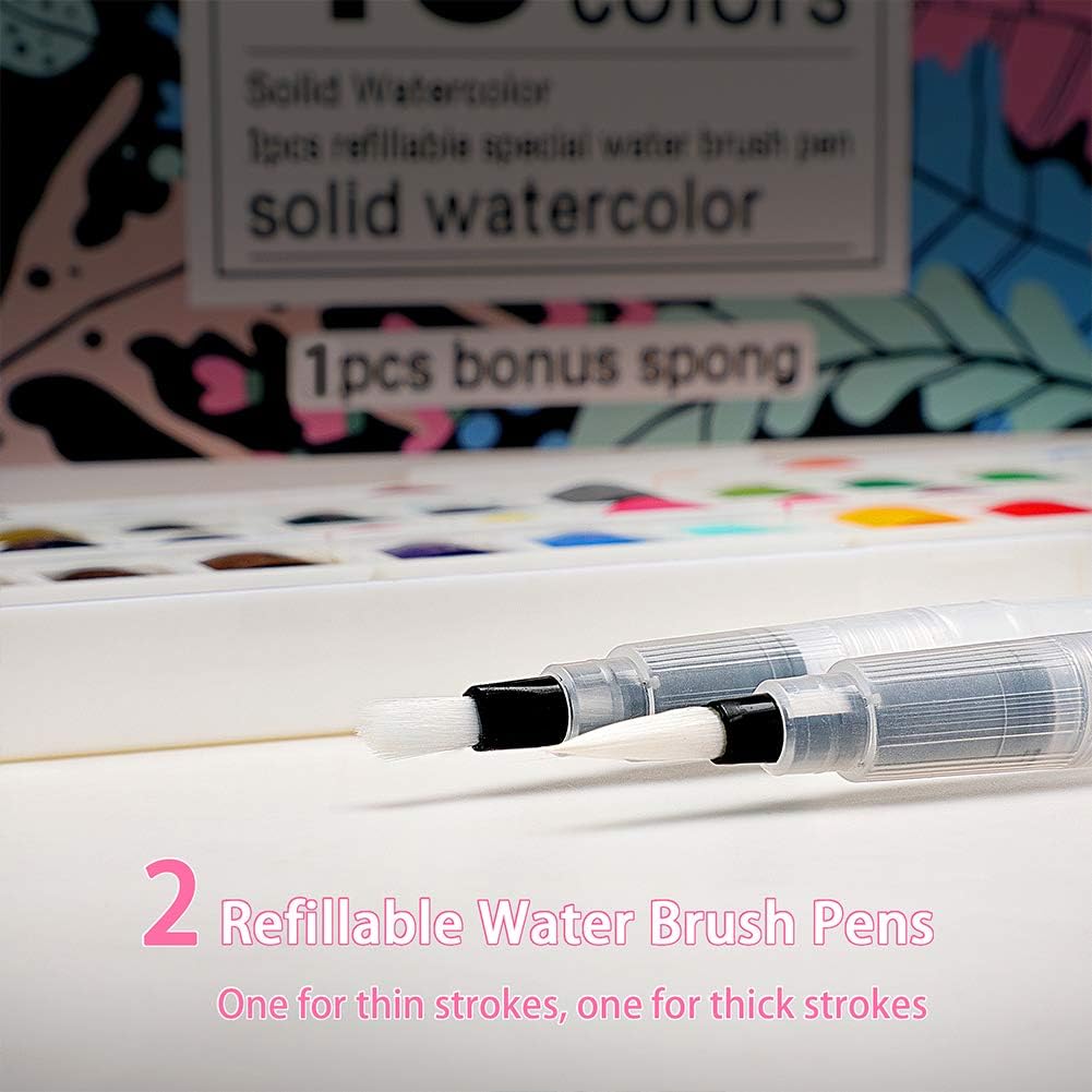 Juego de 48 pinturas de acuarela, suministros de arte, kit de pintura de acuarela portátil, 2 bolígrafos especiales recargables, esponja y paleta de acuarela KEEPLIVINGFASTER