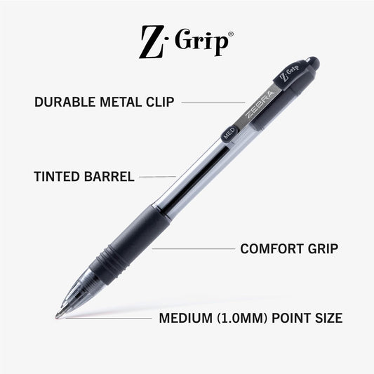 Zebra Pen Z-Grip - Bolígrafo retráctil de punta media, 3/6 4 pulgadas, tinta negra, 1 unidad