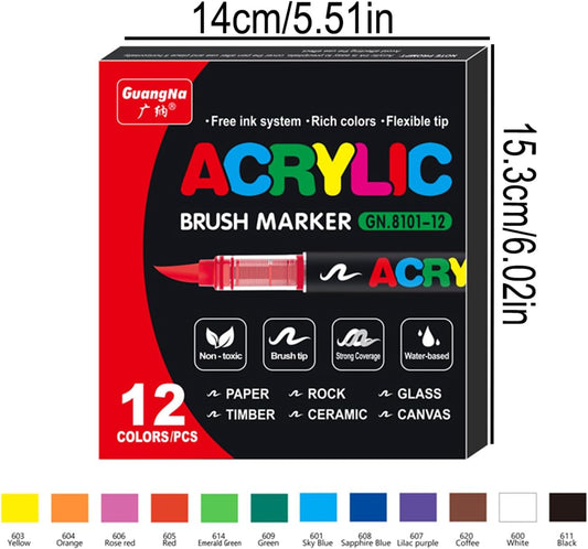 RESERVA - Marcadores de pintura acrílica, juego de 12 marcadores acrílicos de colores vivos, tipo líquido directo, color apilable, cabeza suave sin olor, marcadores para la escuela, arte de herramientas