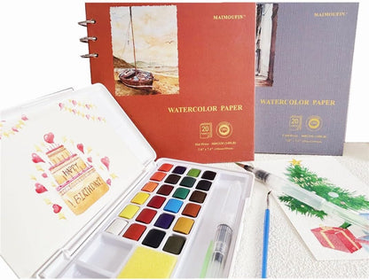 Juego de pintura de acuarela, pequeño juego de pintura de acuarela de viaje para principiantes, adultos, estudiantes aficionados, 24 colores de agua vibrantes