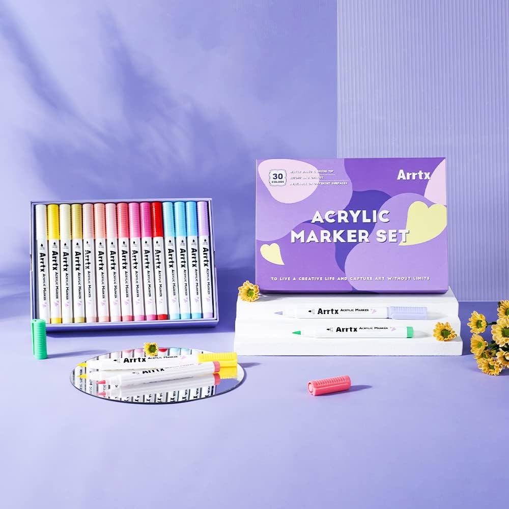 Arrtx Bolígrafos de pintura acrílica de 30 colores PASTEL para pintura de rocas, punta de pincel extra, marcadores de pintura a base de agua para piedra, vidrio, huevo de Pascua, madera y pintura de tela,