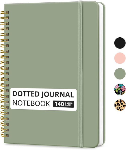 Cuaderno de espiral punteado para mujeres y hombres, 140 páginas, cuaderno de puntos para diario y toma de notas, diarios para escribir, A5 (6 x 8 pulgadas), verde