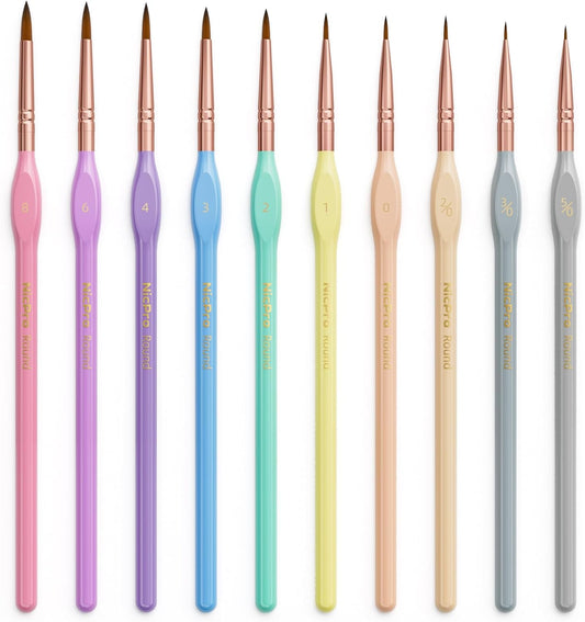 Nicpro Juego de 10 pinceles de pintura microfina, pastel macarrón, pequeño, miniatura, punta fina, kit de pinceles para acuarelas al óleo acrílico, manualidades, modelos, miniaturas, pintura rupestre,