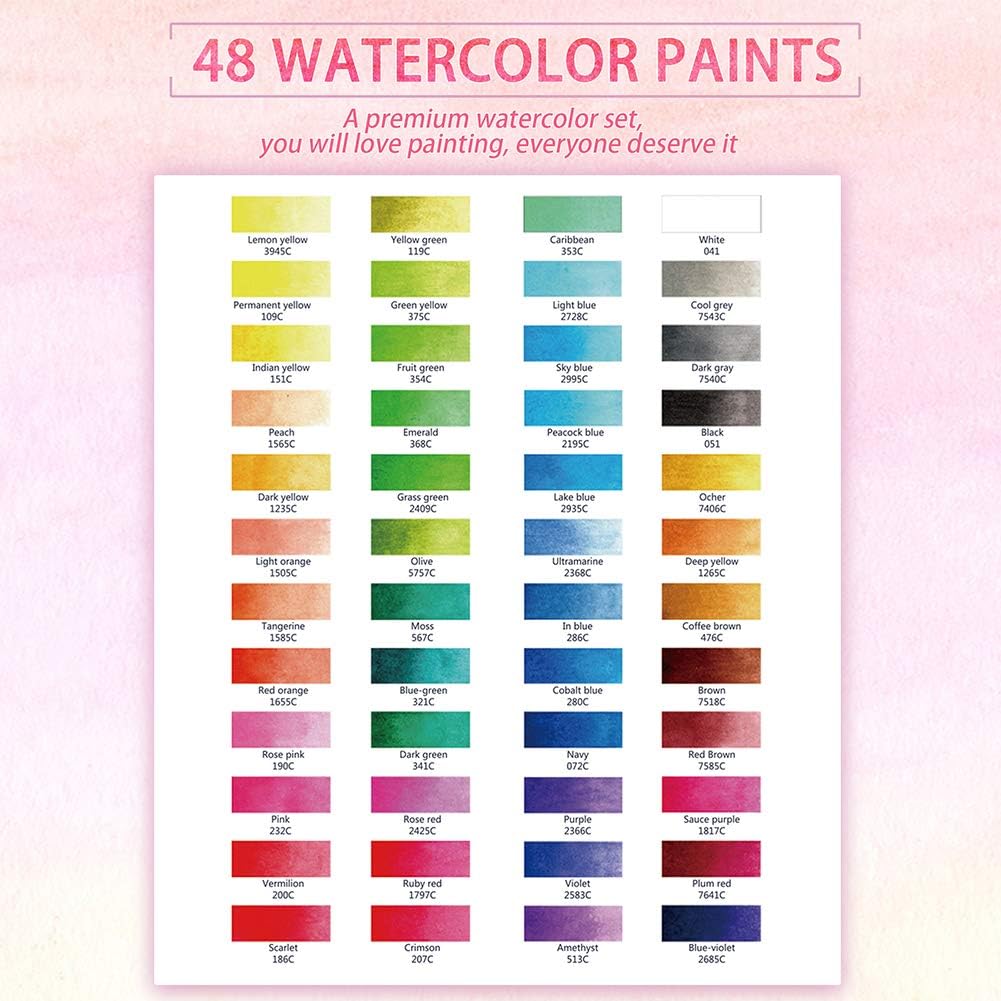 Juego de 48 pinturas de acuarela, suministros de arte, kit de pintura de acuarela portátil, 2 bolígrafos especiales recargables, esponja y paleta de acuarela KEEPLIVINGFASTER