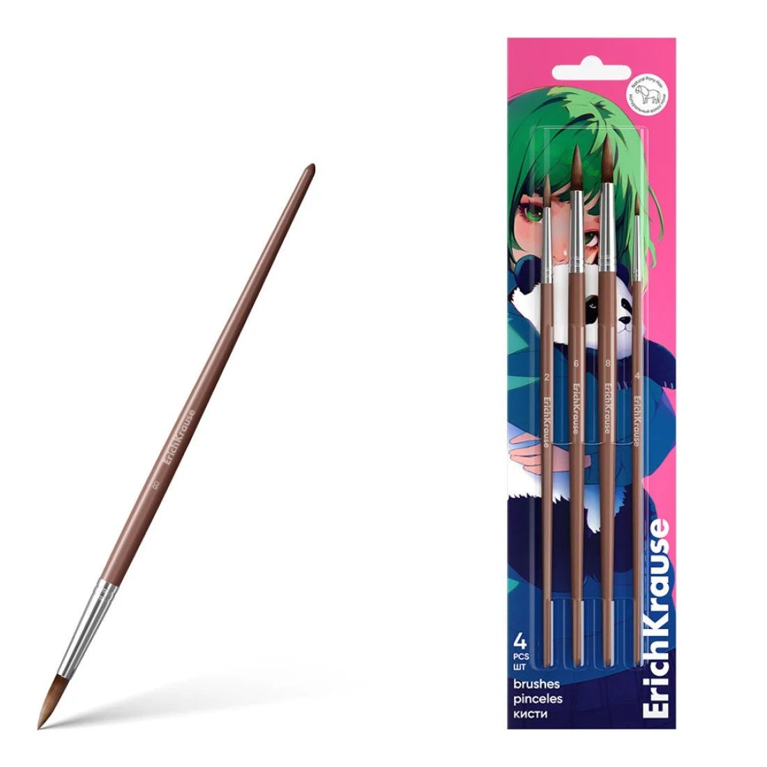 ErichKrause - Pinceles para puntas de acuarela y gouache, sintéticos, 4 piezas (en blíster) pelo natural de pony