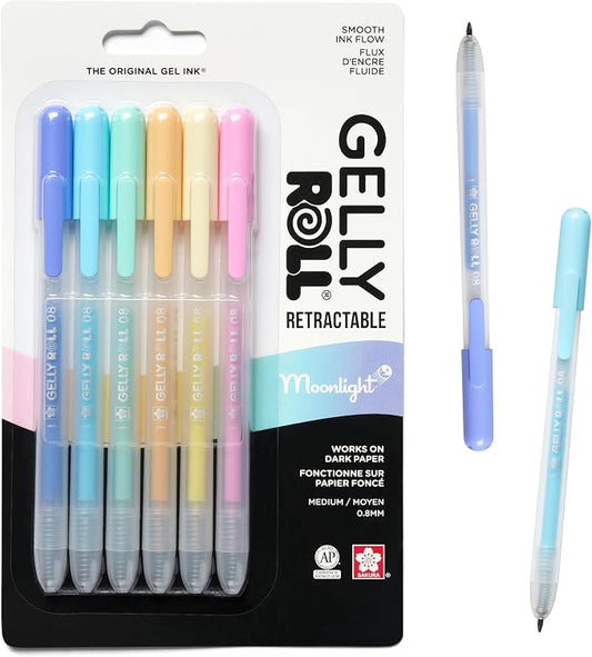 SAKURA Gelly Roll - Bolígrafos retráctiles, juego de bolígrafos pastel para escritura decorativa, punta de 0.031 in, sin sangrado, pasteles de luz de luna, amarillo pastel, naranja, rosa, verde, azul cielo y bígaro, 6 unidades
