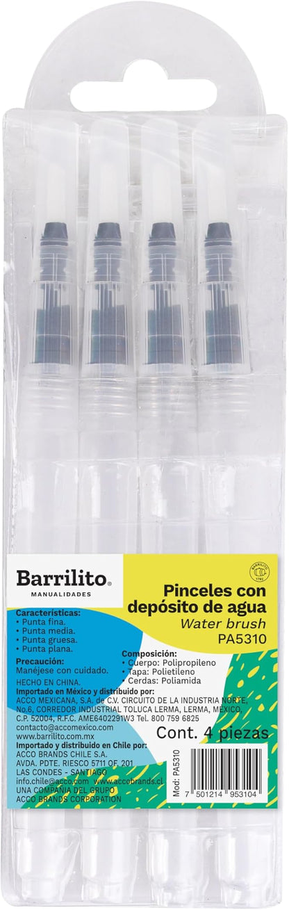 Barrilito Pinceles con depósito de agua, 4 pinceles, para acuarela, diferentes puntas. PA5310