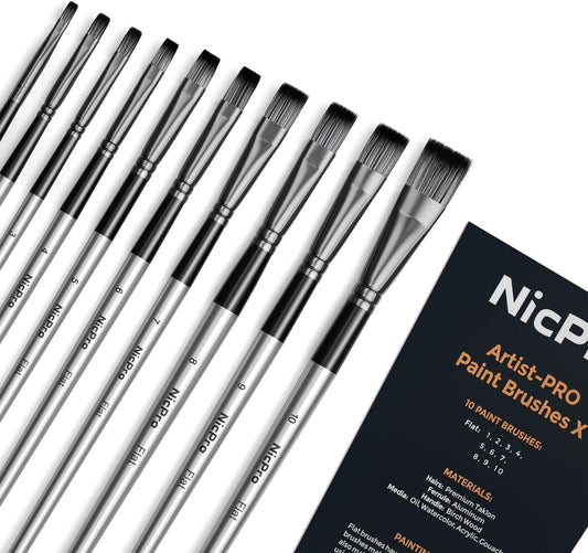 Nicpro Juego de 10 pinceles planos para pintura artística, pinceles para acuarela acrílica, óleo, gouache, detalles de manualidades, pintura facial, cuerpo, kit de artista para niños y adultos