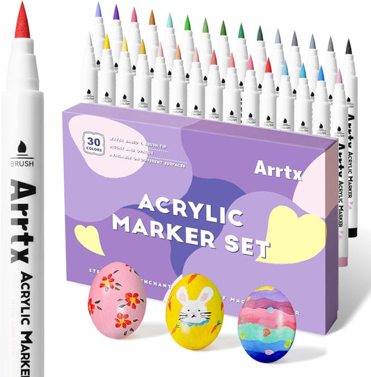 Arrtx Bolígrafos de pintura acrílica de 30 colores PASTEL para pintura de rocas, punta de pincel extra, marcadores de pintura a base de agua para piedra, vidrio, huevo de Pascua, madera y pintura de tela,