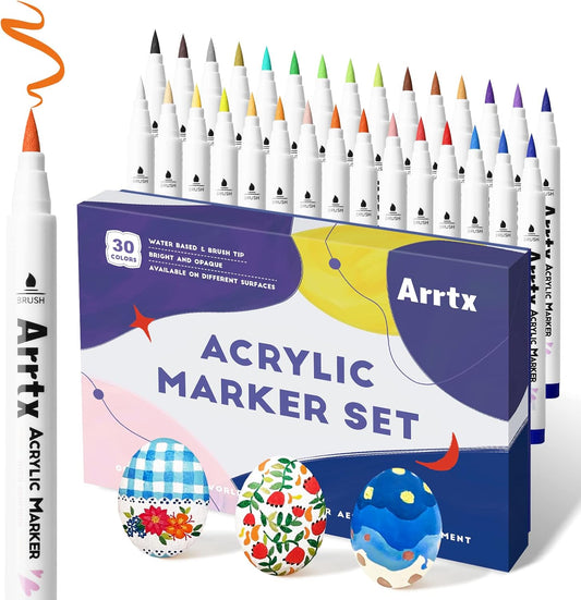 Arrtx Bolígrafos de pintura acrílica de 30 colores (65B)  para pintura de rocas, punta de pincel extra, marcadores de pintura a base de agua para piedra, vidrio, huevo de Pascua, madera y pintura de tela