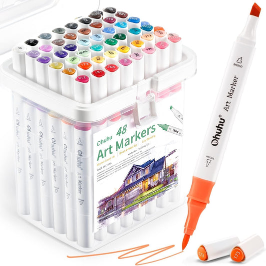Ohuhu Marcadores de pincel a base de alcohol: marcador de dibujo de bocetos artísticos de doble punta para artistas, adultos, principiantes, para colorear paisaje, diseño arquitectónico, pincel