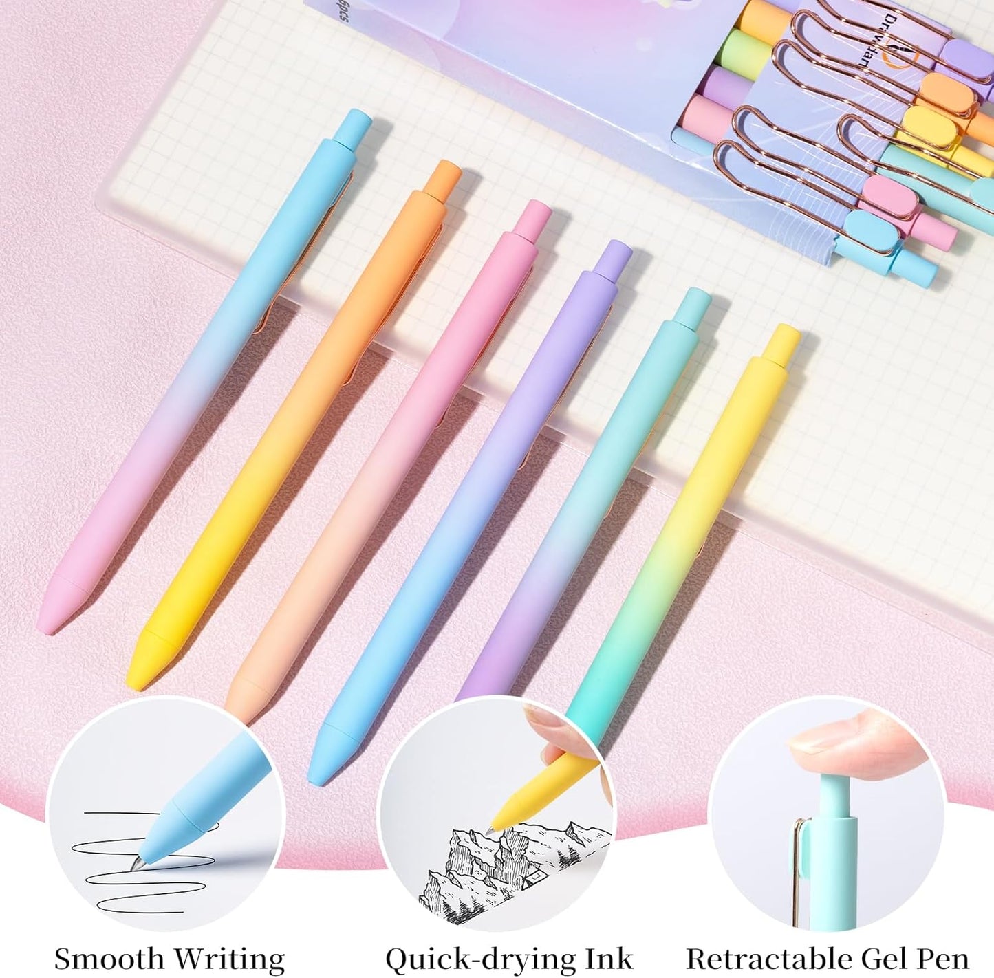 Bolígrafos de gel, 6 unidades de escritura suave, sin sangrado ni manchas, tinta negra linda punta fina (0.020 in), material estético retráctil para la oficina escolar